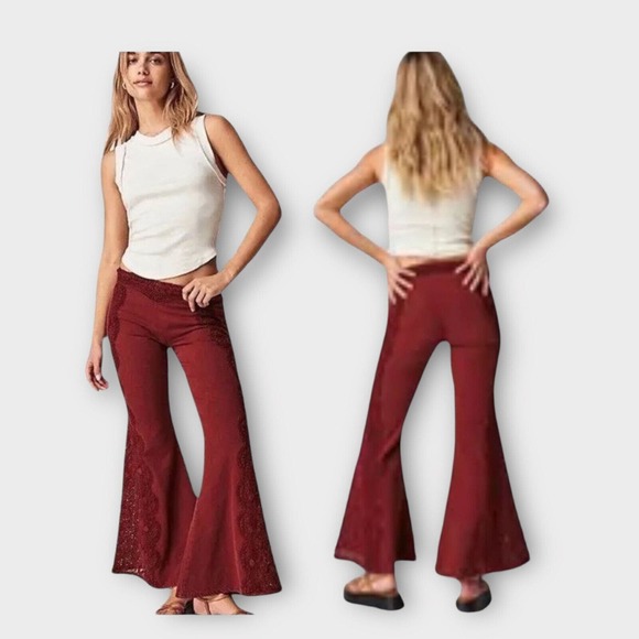 Free People Red Neptune's Net Crochet Side Zip Flare Bell Bottoms Pants Size 4 - Picture 1 of 16